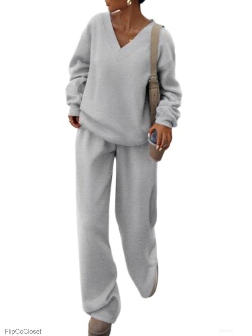 PRETTYGARDEN 2 Piece Sweatsuit V Neck Pullover Wide Leg Sweatpants Knit